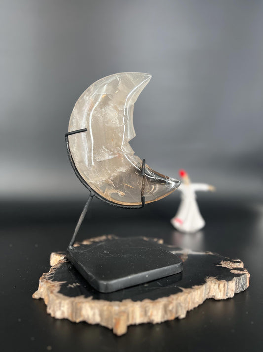 Smoky Quartz Crescent Moon on Stand | Protection & Grounding Crystal | High Vibrational Decor | Healing Smoky Quartz Moon | Spiritual Home D