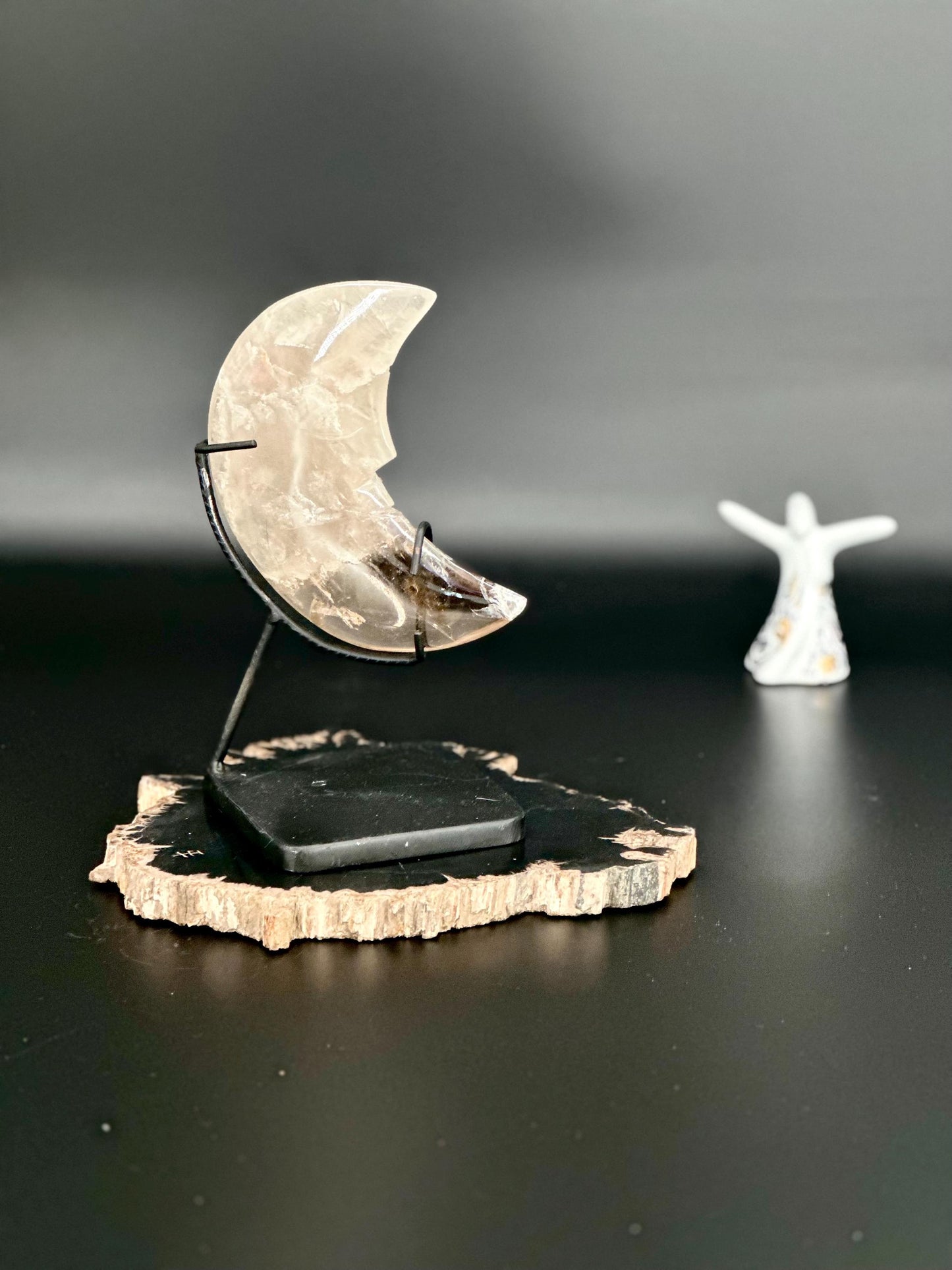 Smoky Quartz Crescent Moon on Stand | Protection & Grounding Crystal | High Vibrational Decor | Healing Smoky Quartz Moon | Spiritual Home D