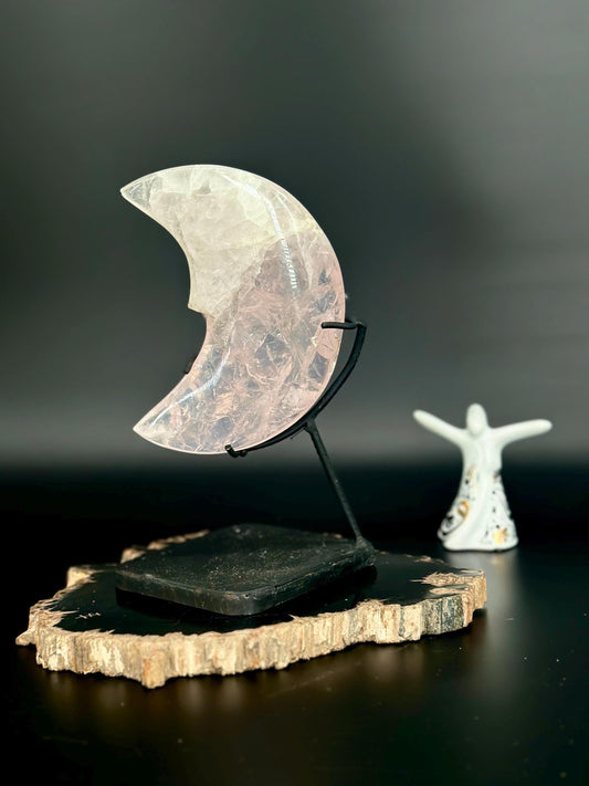Rose Quartz Crescent Moon on Stand – Healing Crystal Love & Heart Chakra Celestial Moon Decor Feminine Energy Meditation, Manifestation