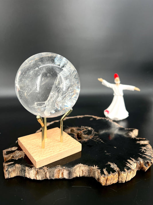 Clear Quartz Sphere with Rainbow Inclusions on Brass & Wood Stand | Crown Chakra Amplifier Clarity Light Activator.