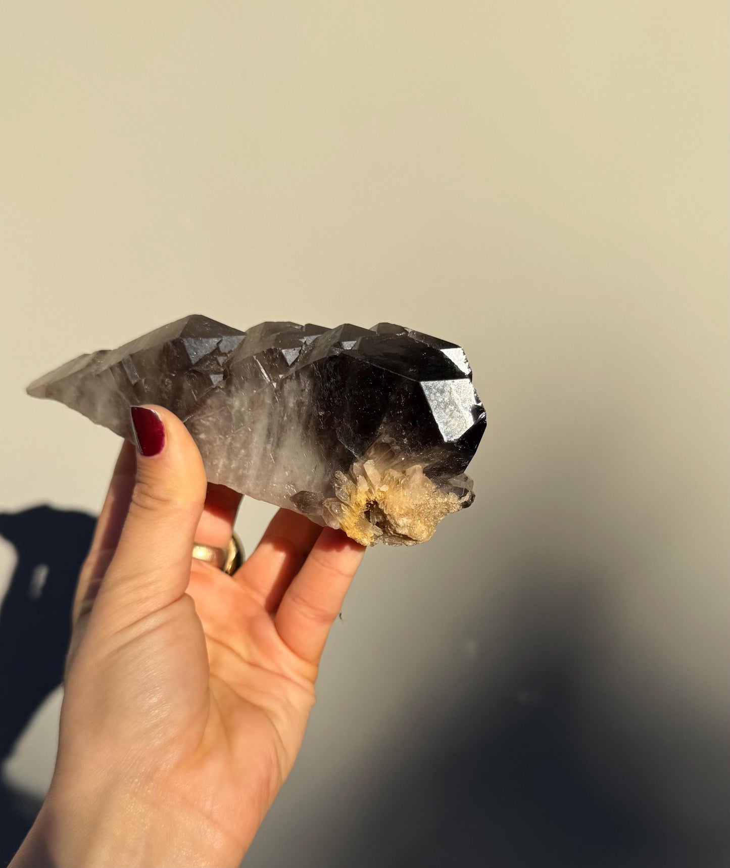 Elestial Smoky Quartz Cluster with Golden Inclusions – Protective Healing Crystal for Shadow Work & Transitions