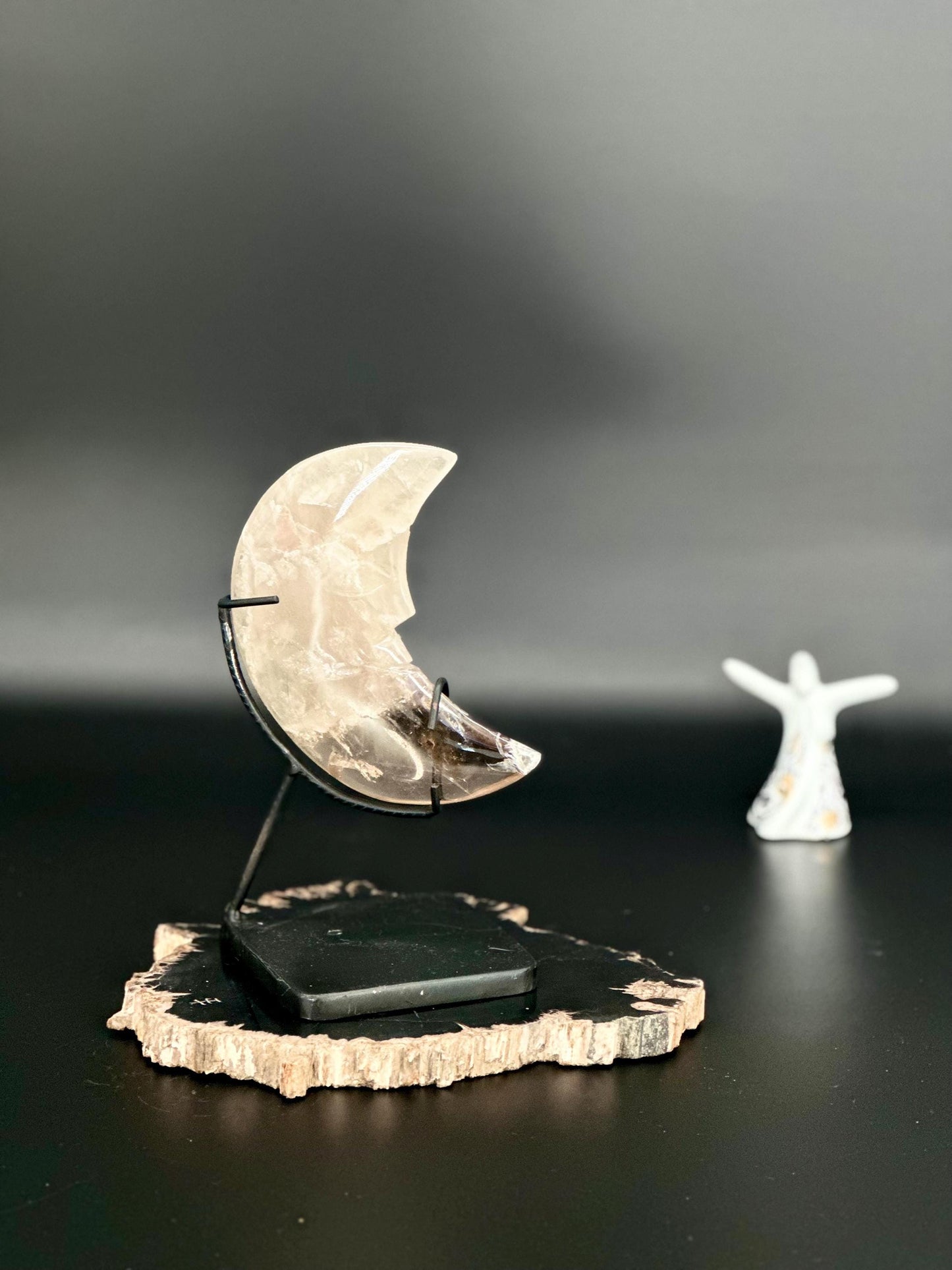 Smoky Quartz Crescent Moon on Stand | Protection & Grounding Crystal | High Vibrational Decor | Healing Smoky Quartz Moon | Spiritual Home D