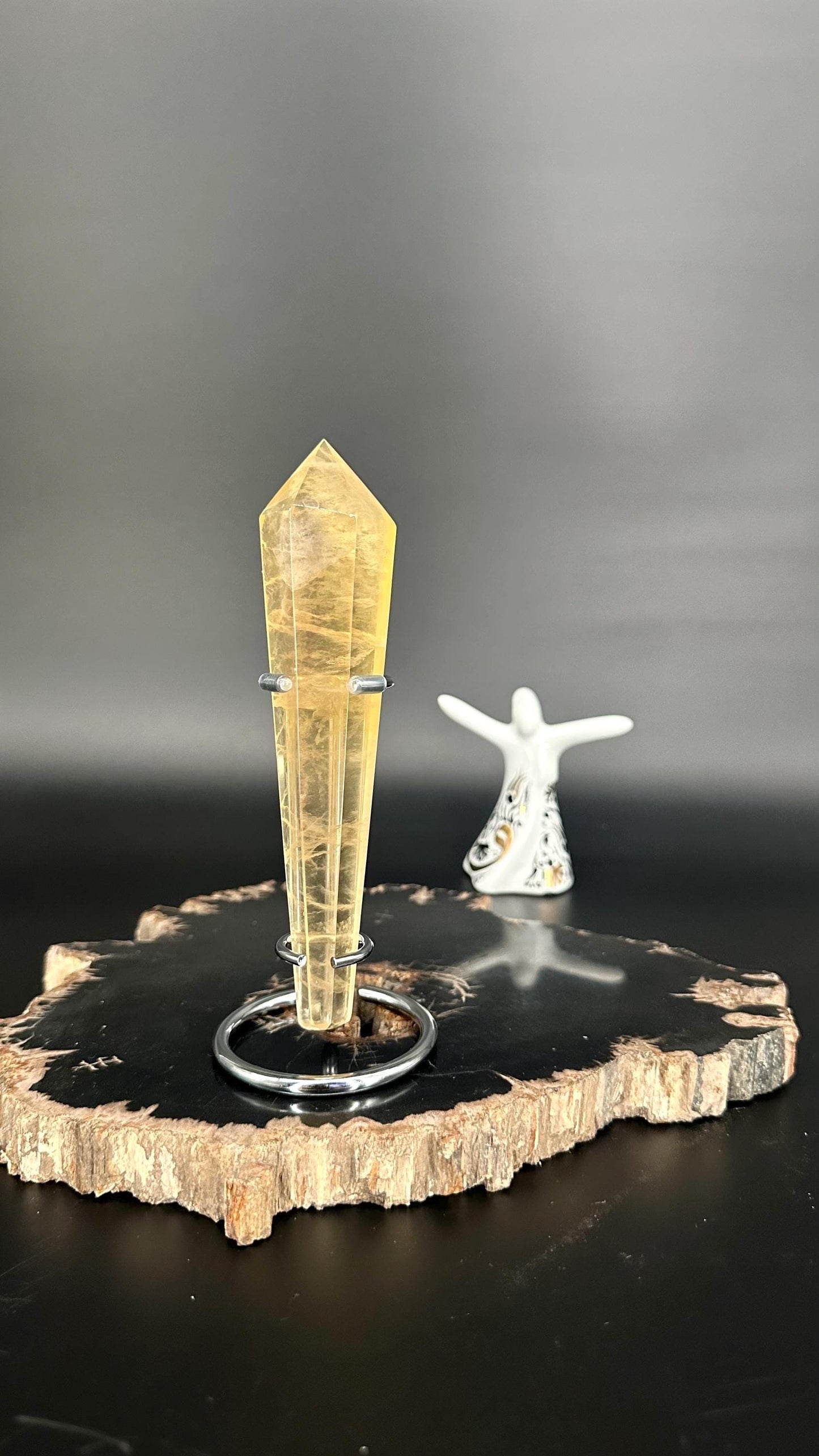 Yellow Rainbow Candy Fluorite Tower on Stand – Stone of Mental Clarity, Intuition & Spiritual Flow