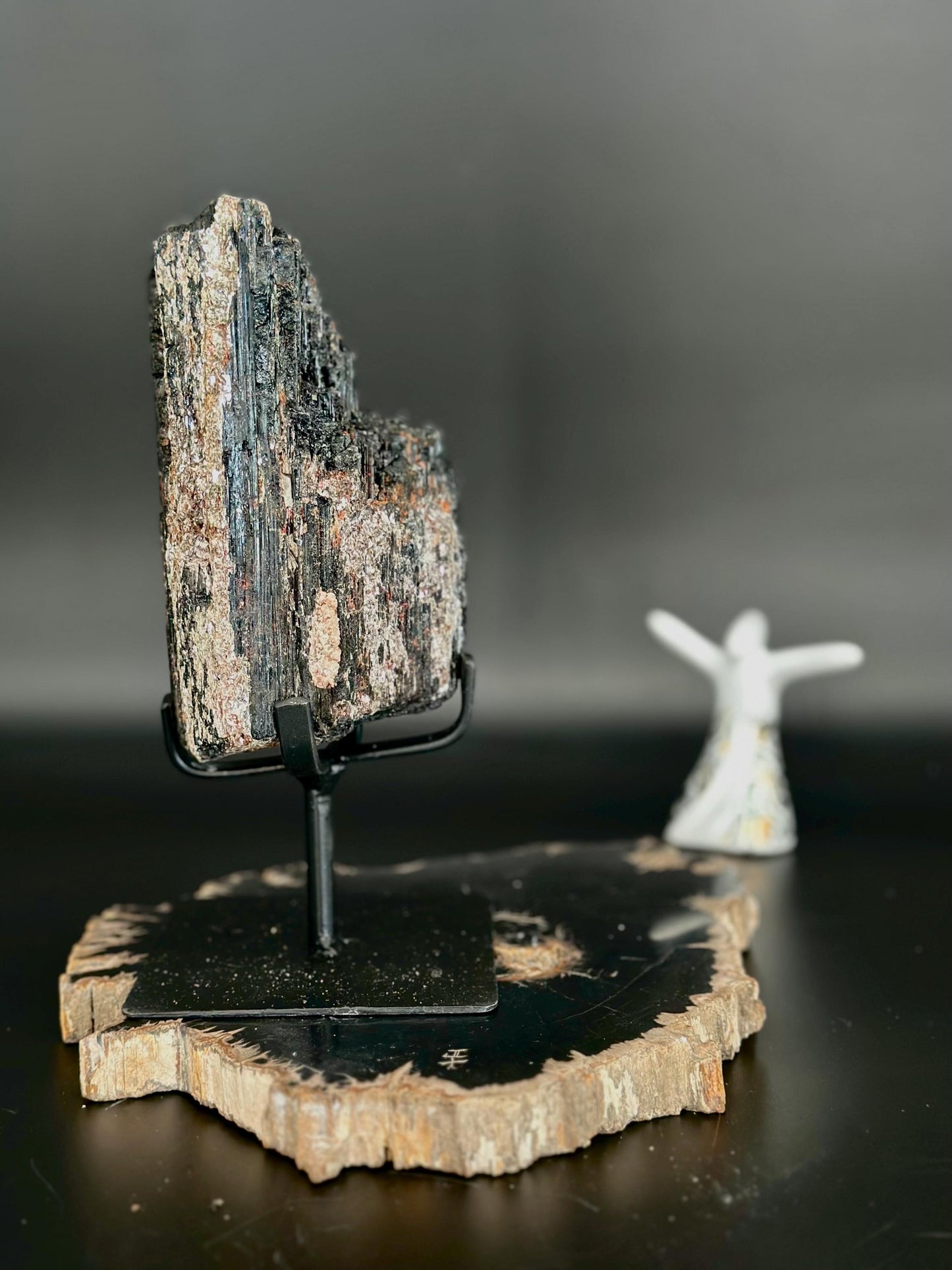 Raw Black Tourmaline with Mica on Stand | Energy Protection Grounding Crystal | EMF Shield & Spiritual Clarity