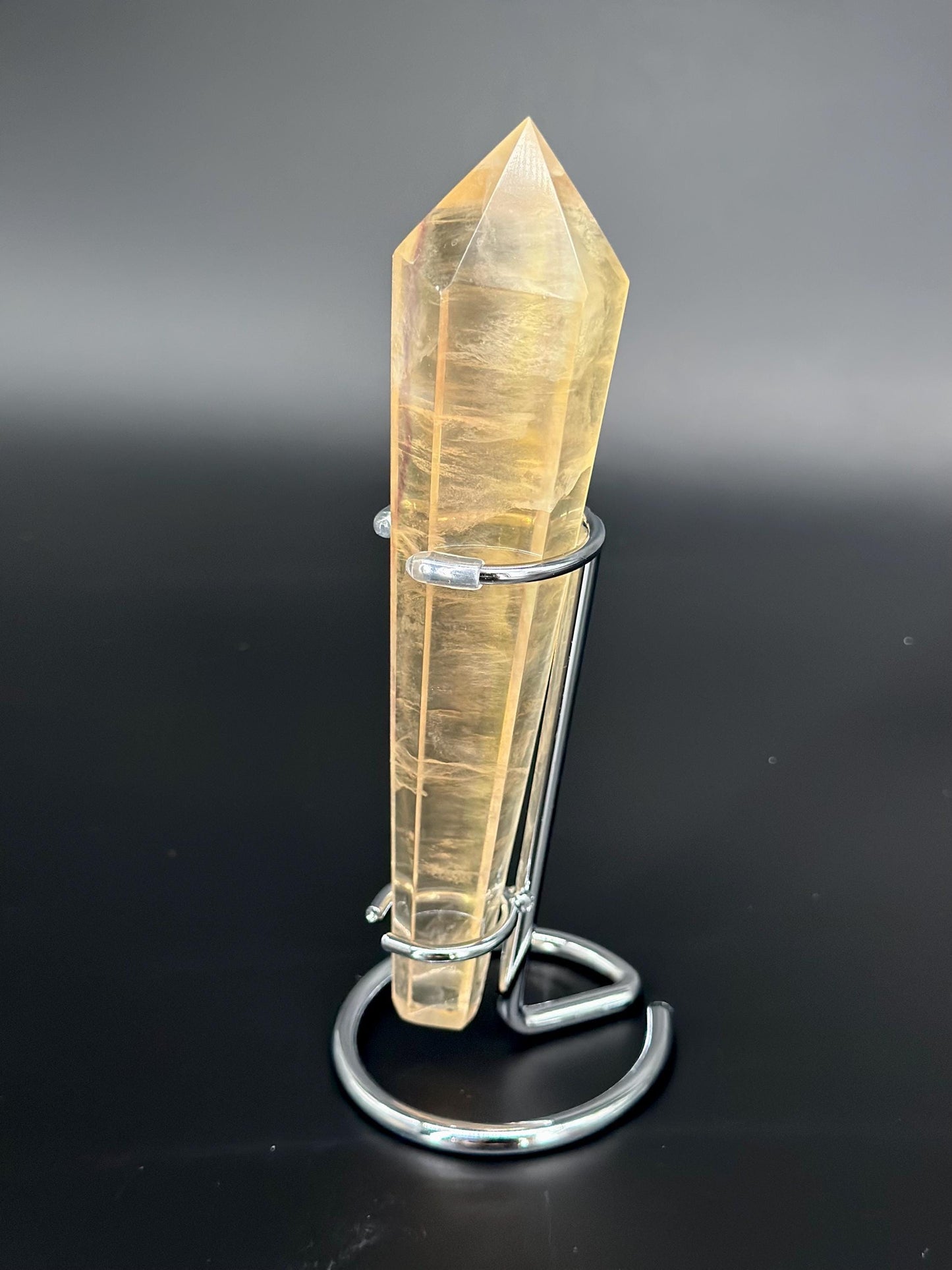 Yellow Rainbow Candy Fluorite Tower on Stand – Stone of Mental Clarity, Intuition & Spiritual Flow