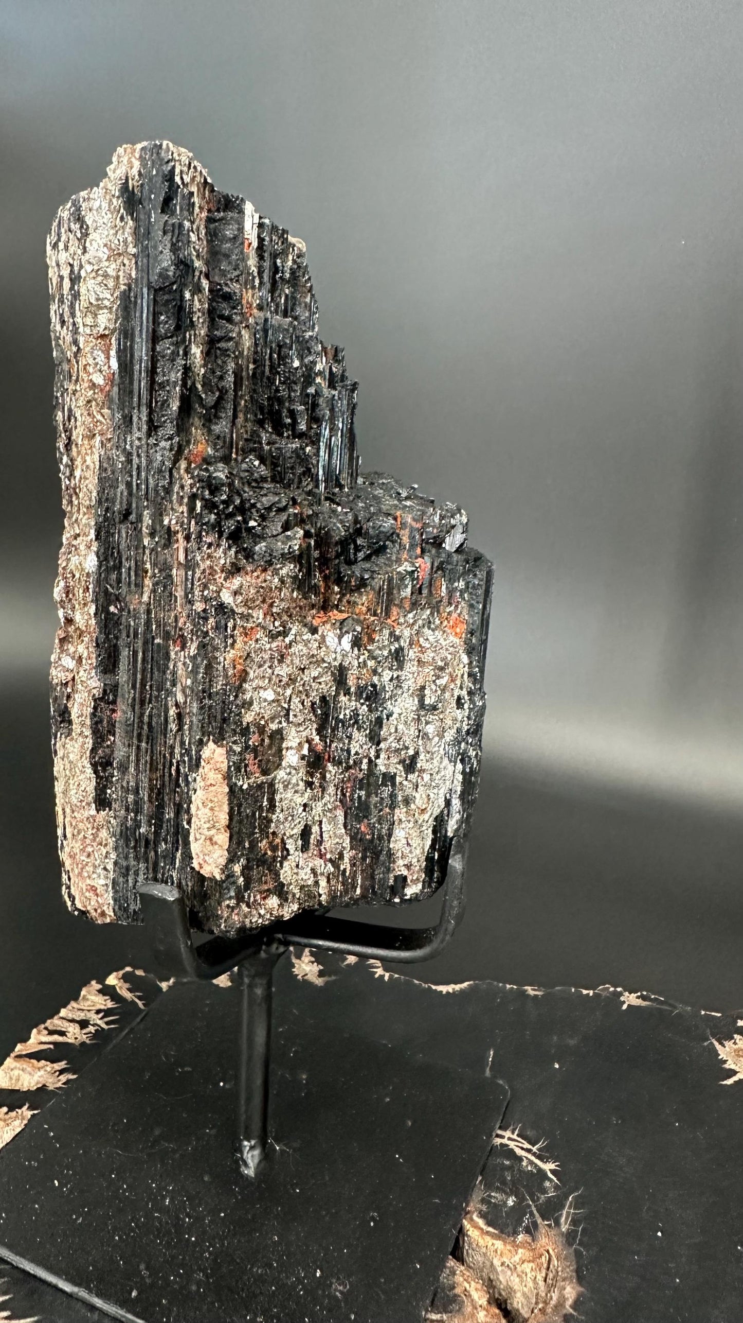 Raw Black Tourmaline with Mica on Stand | Energy Protection Grounding Crystal | EMF Shield & Spiritual Clarity