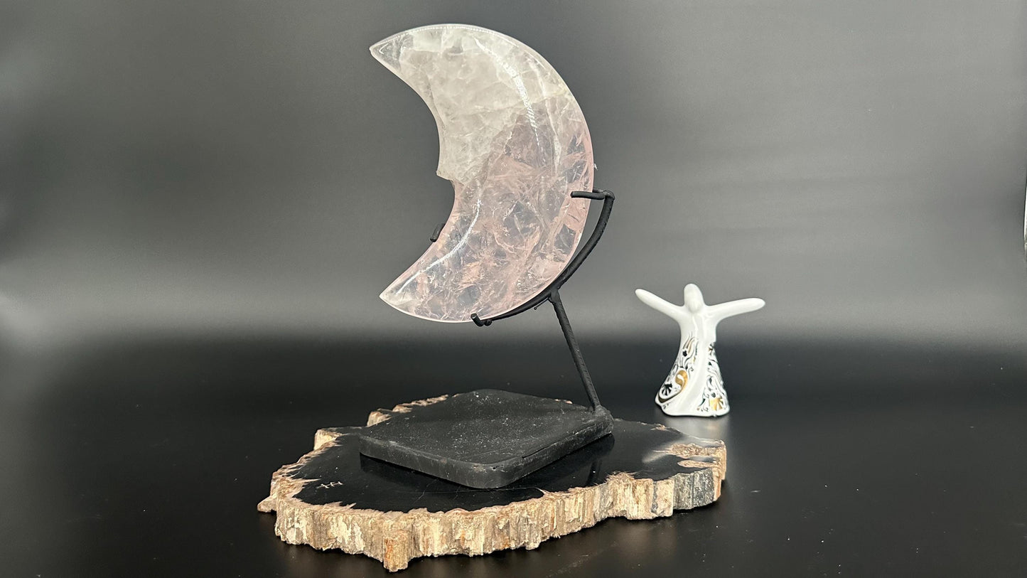 Rose Quartz Crescent Moon on Stand – Healing Crystal  Love & Heart Chakra  Celestial Moon Decor  Feminine Energy  Meditation, Manifestation