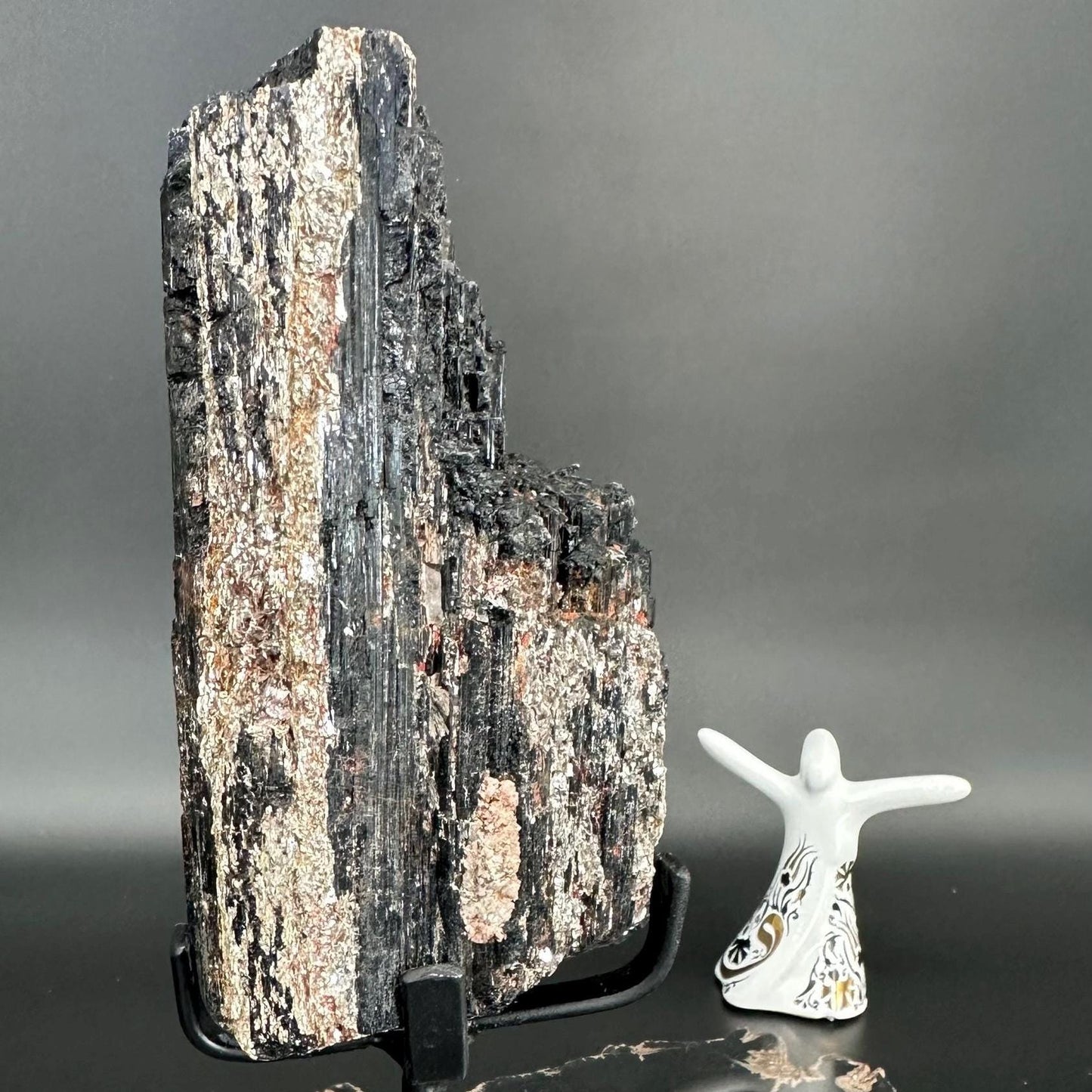 Raw Black Tourmaline with Mica on Stand | Energy Protection Grounding Crystal | EMF Shield & Spiritual Clarity