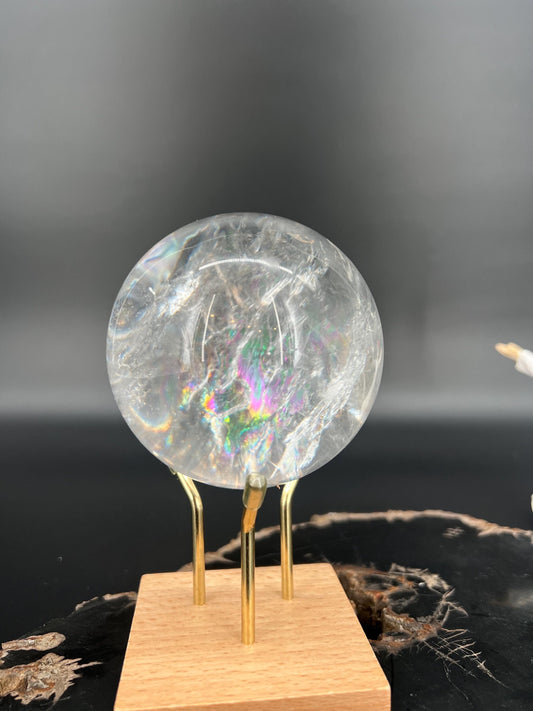 Clear Quartz Sphere with Rainbow Inclusions on Brass & Wood Stand | Crown Chakra Amplifier Clarity Light Activator.