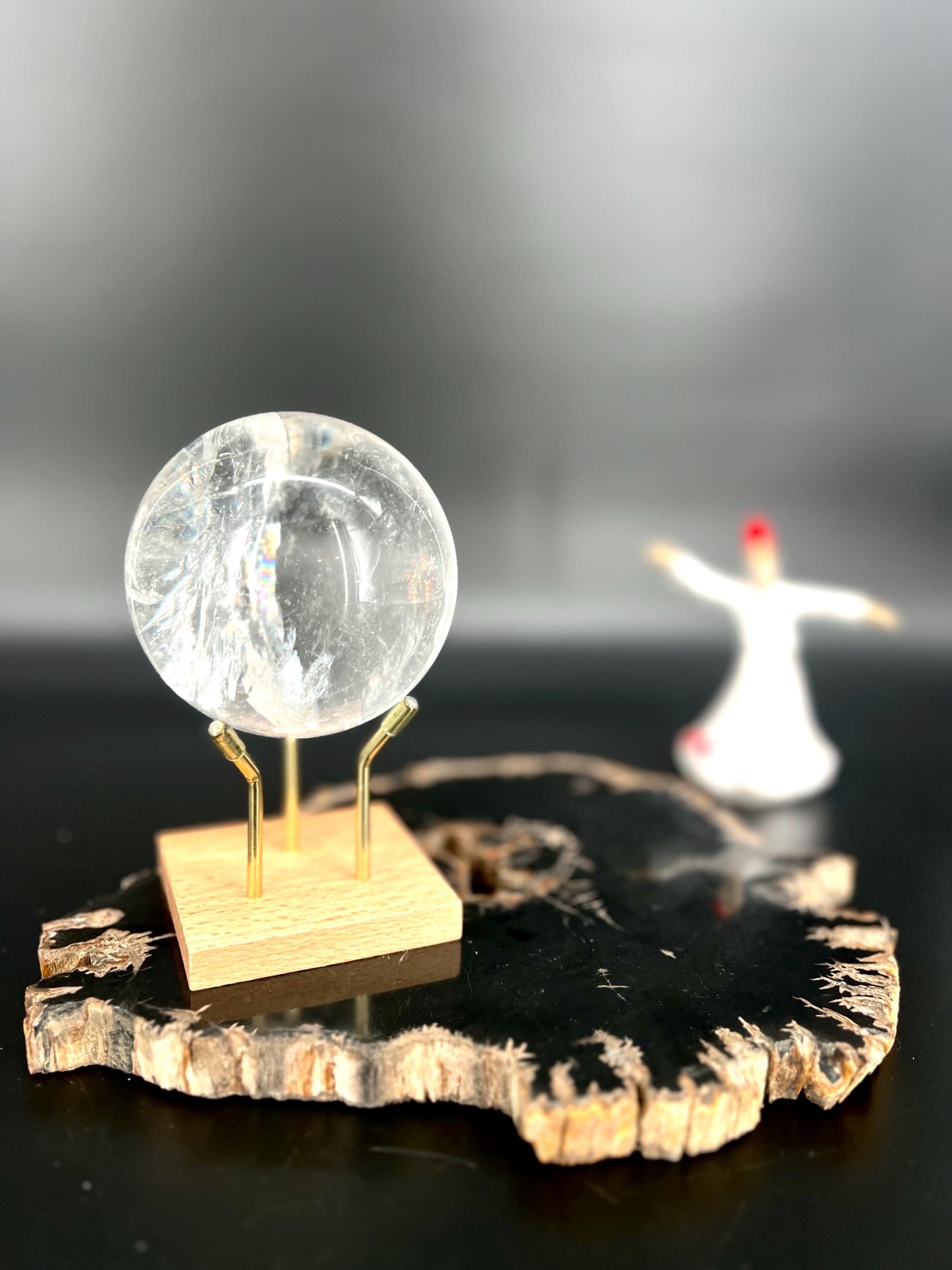Clear Quartz Sphere with Rainbow Inclusions on Brass & Wood Stand | Crown Chakra Amplifier Clarity Light Activator.
